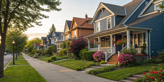 A row of homes painted in various popular external wall paint colours.