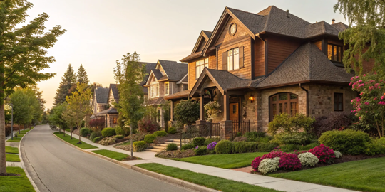 A classic brown house exterior with beautiful stone accents and lush landscaping.
