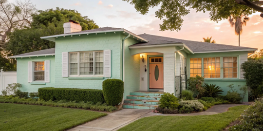 1950s house exterior with mint green siding, white trim, and a pastel pink door.