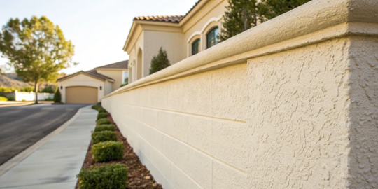 A hairline crack in a textured stucco wall ready for repair with crack filler.