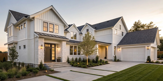 A modern home featuring a popular 2022 exterior paint color scheme with white walls and dark trim.