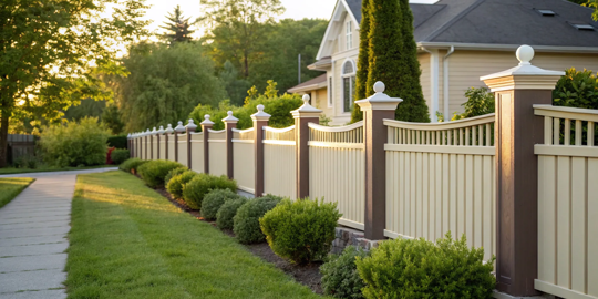 A beige house complemented by a cream and brown fence color combination.