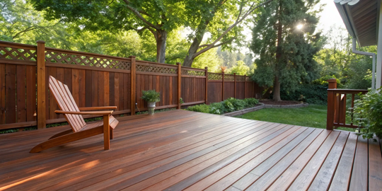 Home exterior with a wood deck and fence in a popular rich brown stain color.