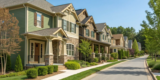 A house with a green and brown exterior featuring natural stone accents and wood details.