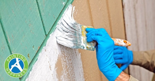 A person wearing blue gloves holding a paint brush putting white paint on a surface