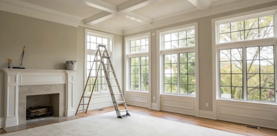 Painting supplies and ladder in a room.