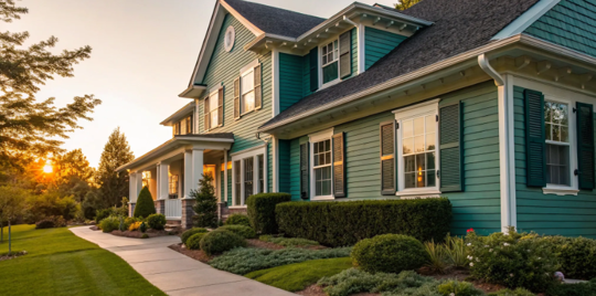 Popular exterior shutter colors: Black shutters on a green house.