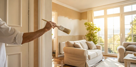 Interior house painter applies paint to a wall.