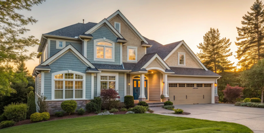 Navy blue and gray house exterior with white trim and stone accents.