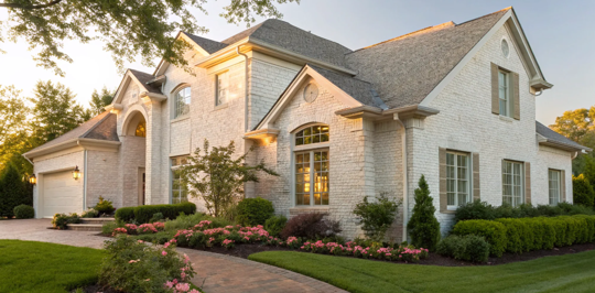 White limewash finish on a brick house.