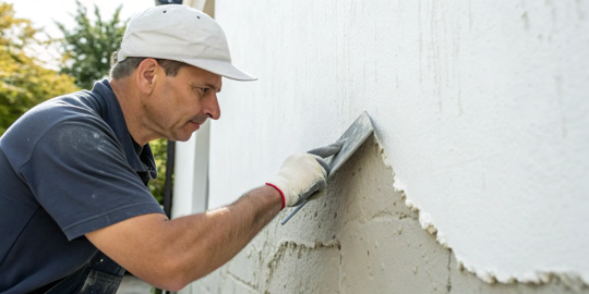 Using a trowel to apply an elastomeric patch for a seamless stucco crack repair.