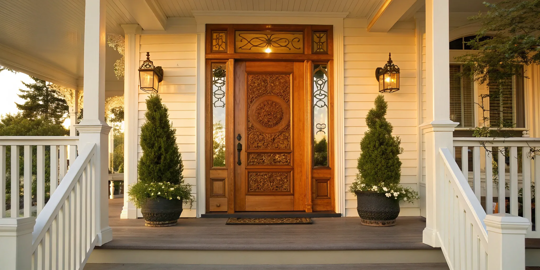 Front porch with a wood door and trim in a popular exterior wood stain color.