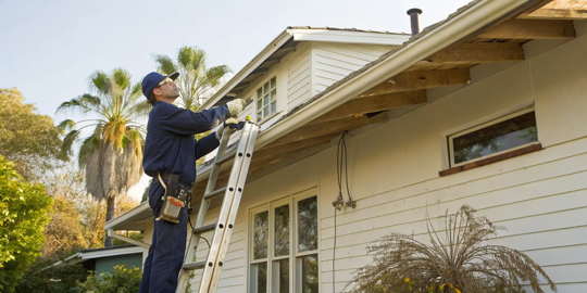 A dry rot repair contractor inspects wood damage on the exterior of a Los Angeles home.