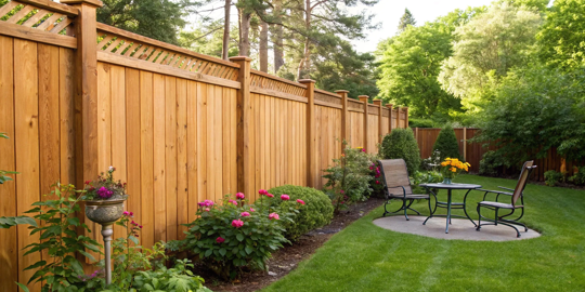 A wooden privacy fence freshly stained by professional contractors.