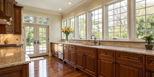 A kitchen with wood cabinets helps determine the cabinet refinishing cost.
