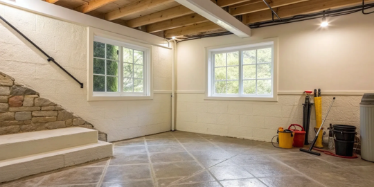 Unfinished basement with waterproofing tools, a key part of how much basement waterproofing costs.