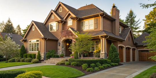 Brown exterior house colors with stone accents and lush landscaping creating major curb appeal.