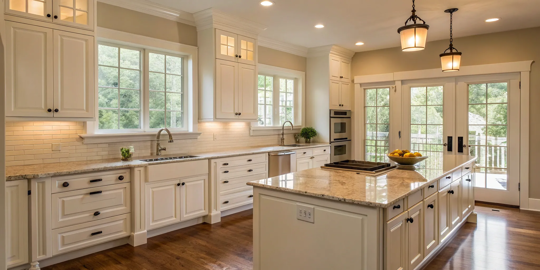 Professionally painted white kitchen cabinets, a major factor in the total cost from cabinet painters.
