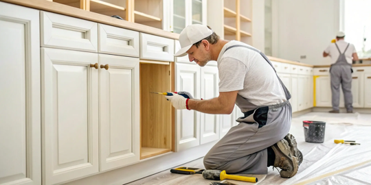 Professional cabinet painters estimating the cost of painting a kitchen.