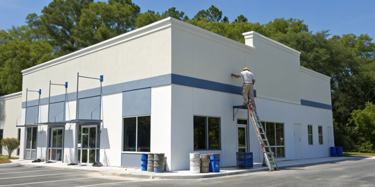 A professional painter providing commercial exterior painting services on a building.