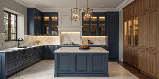 Kitchen comparing the cost of blue painted cabinets versus wood refaced cabinets.