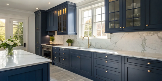 The cost to paint kitchen cabinets per door for a modern navy blue and gold finish.