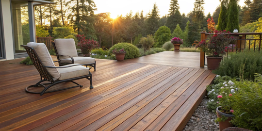 A wood deck with a fresh coat of sealing and staining for weather protection.