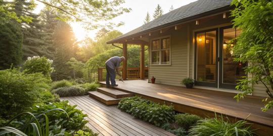A homeowner performs a dry rot repair on a damaged wooden deck.