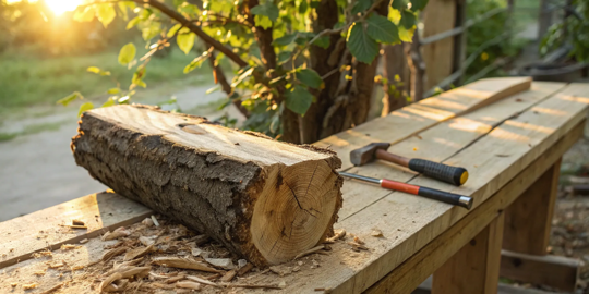 A piece of damaged wood and tools on a workbench for dry rot repair.