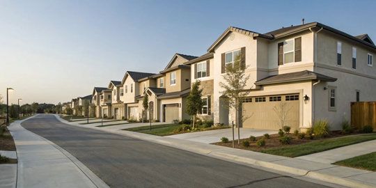 Popular exterior house paint colors on a row of modern homes.