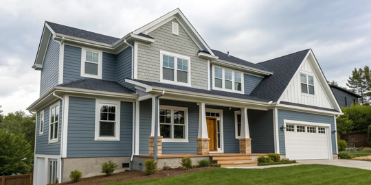 Exterior house painting and repair on a modern two-story home with fresh blue paint.