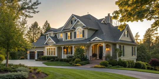Gray home exterior with white trim and dark shutters. Popular 2019 paint colors.