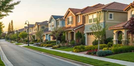 Cream stucco exterior house with landscaping.