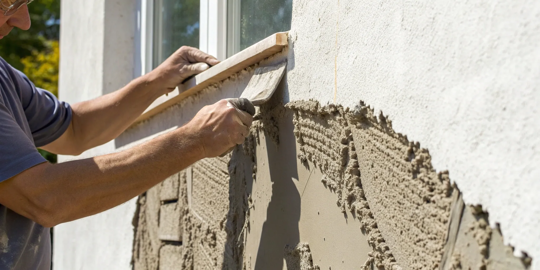 Applying an exterior stucco patch to a damaged wall with a trowel.