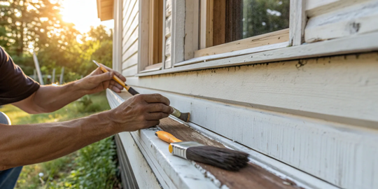Performing an exterior wood rot repair on a window frame with epoxy filler.