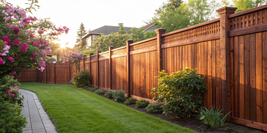 A newly stained wooden privacy fence, a key factor in the overall cost of fence staining.