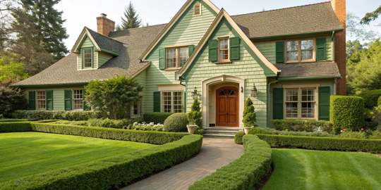 House exterior featuring a green and brown color scheme with natural wood accents.