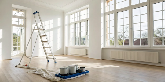 Room prepared for a professional painter hired for a day rate.