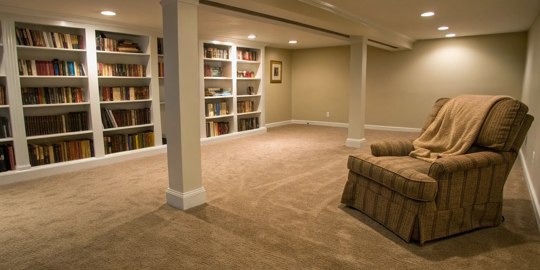 A dry, finished basement, showing the value of knowing how much basement waterproofing costs.
