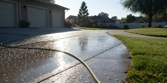 Pressure washing a dirty driveway to remove built-up grime and stains.