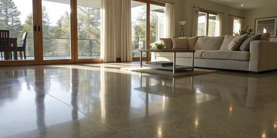 Indoor concrete floor painted in neutral colors in a modern, sunlit living room.