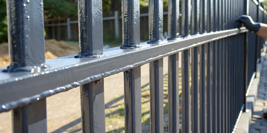 A gloved hand applying a smooth coat of paint to a metal fence.