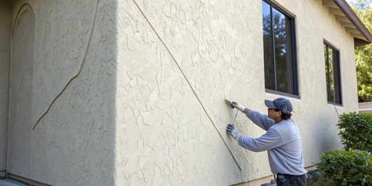 How to repair exterior stucco cracks on a wall with a trowel.