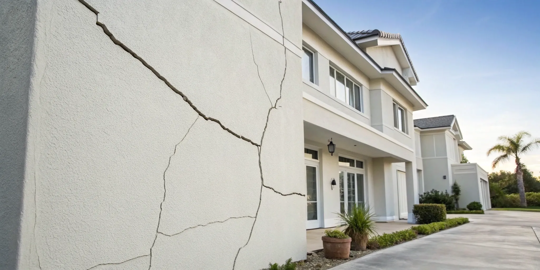 Cracks in a stucco exterior wall requiring repair.