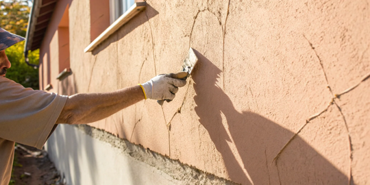 Repairing cracks in a stucco exterior with a putty knife.