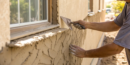 Using a trowel to apply a patch for an exterior stucco repair.