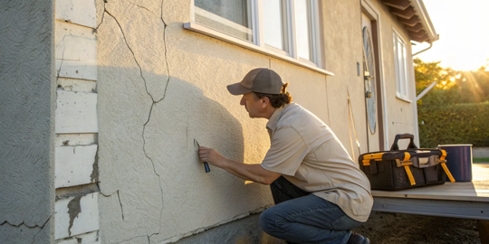 A person uses a trowel to patch cracks during an exterior stucco repair.