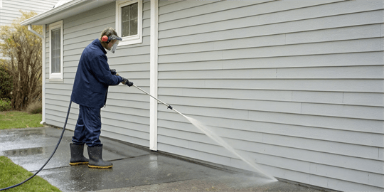 Pressure washing vinyl siding on a house while wearing safety gear.