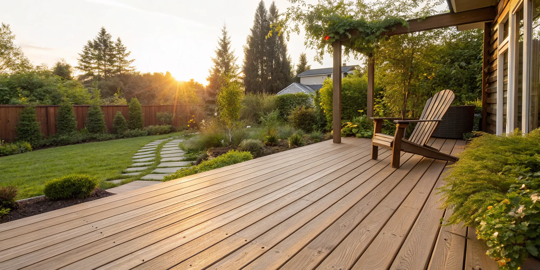 A worn, previously stained wood deck with a chair, ready for a new coat of stain.