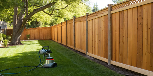 Staining a wood fence with a paint sprayer for a smooth, even finish.